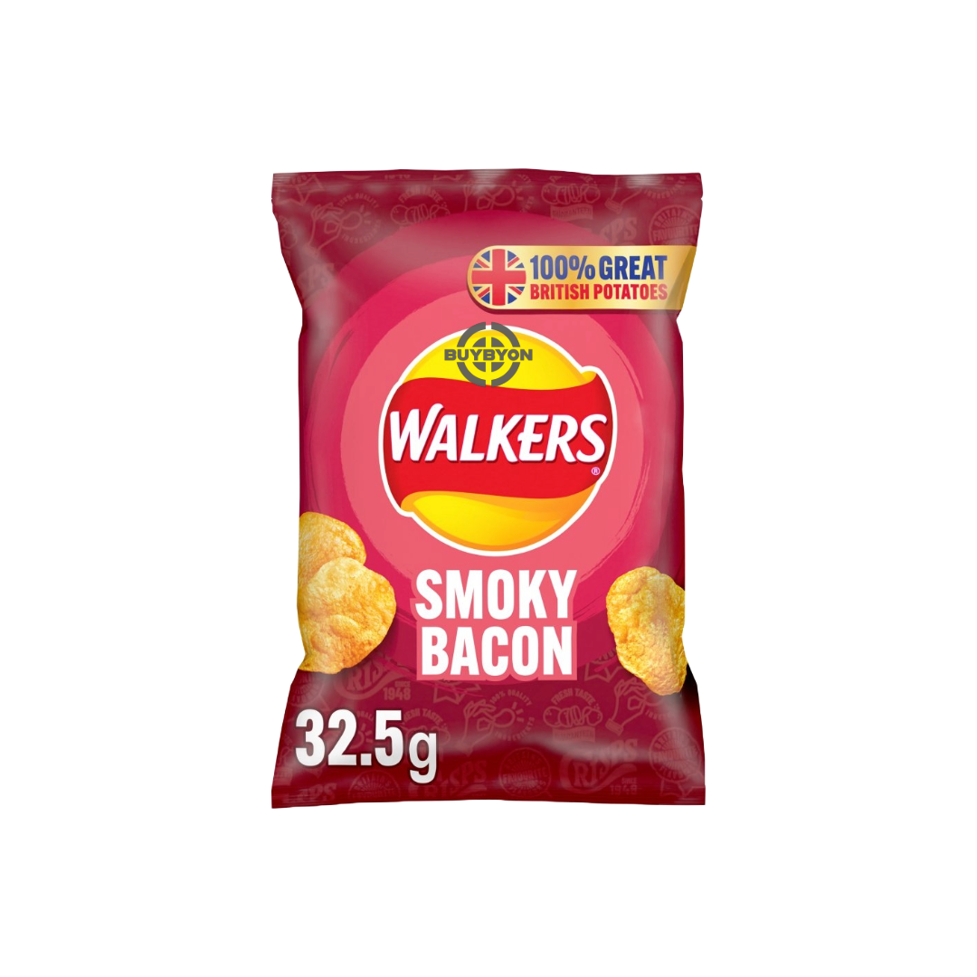 Walkers Smoky Bacon Crisps - 32.5g pack, featuring crispy chips with a rich smoky bacon flavour. Ideal for quick and satisfying snacking.