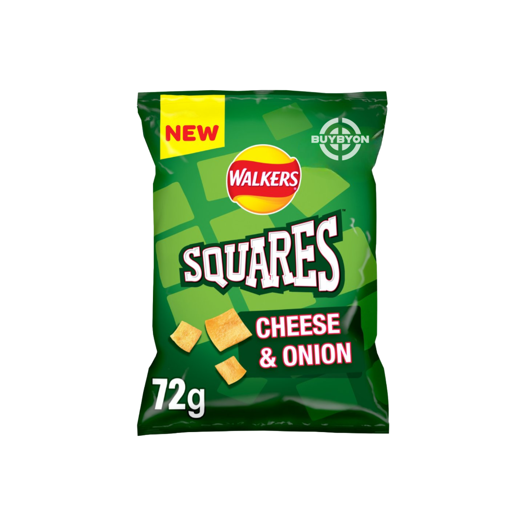 Walkers Squares Cheese and Onion - 72g pack, featuring crisps with a classic cheese and onion flavour and a unique square shape for a satisfying and crispy snack experience.