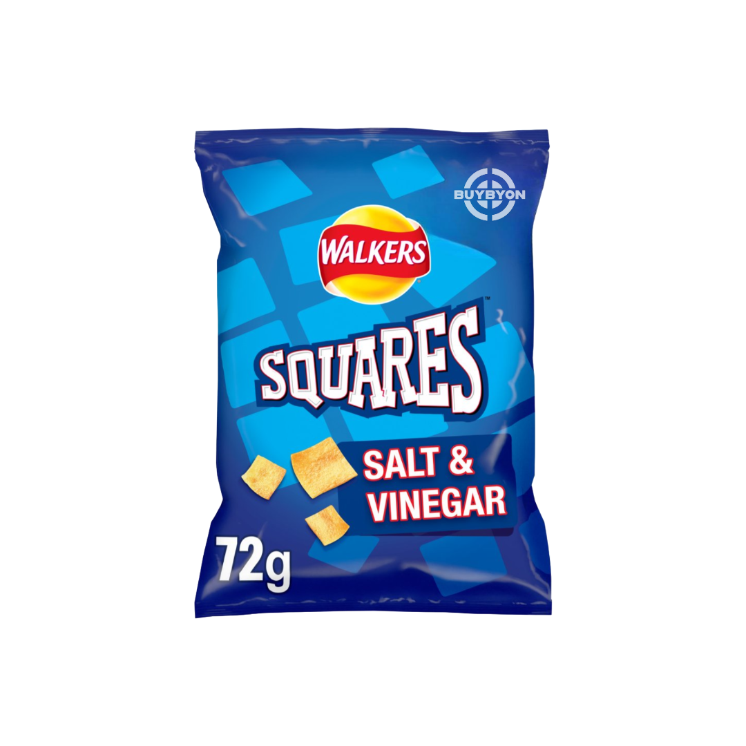 Walkers Squares Salt &amp; Vinegar Snacks Crisps - 72g pack, featuring a classic salty and tangy flavour with a crispy square texture for a satisfying snack.