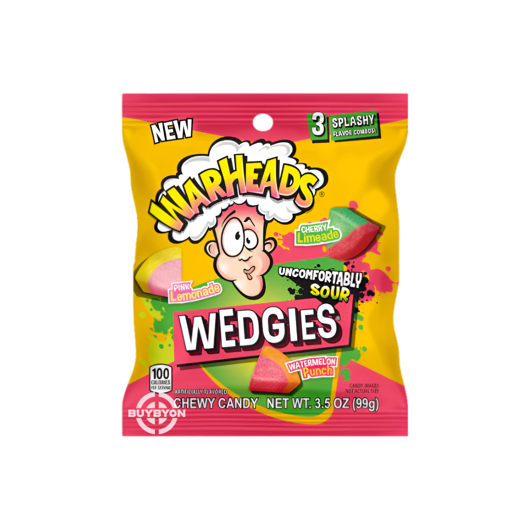 Warheads Wedgies Peg Bag - 99g featuring colourful, chewy wedges with intense sour flavours, ideal for snacking and sharing.