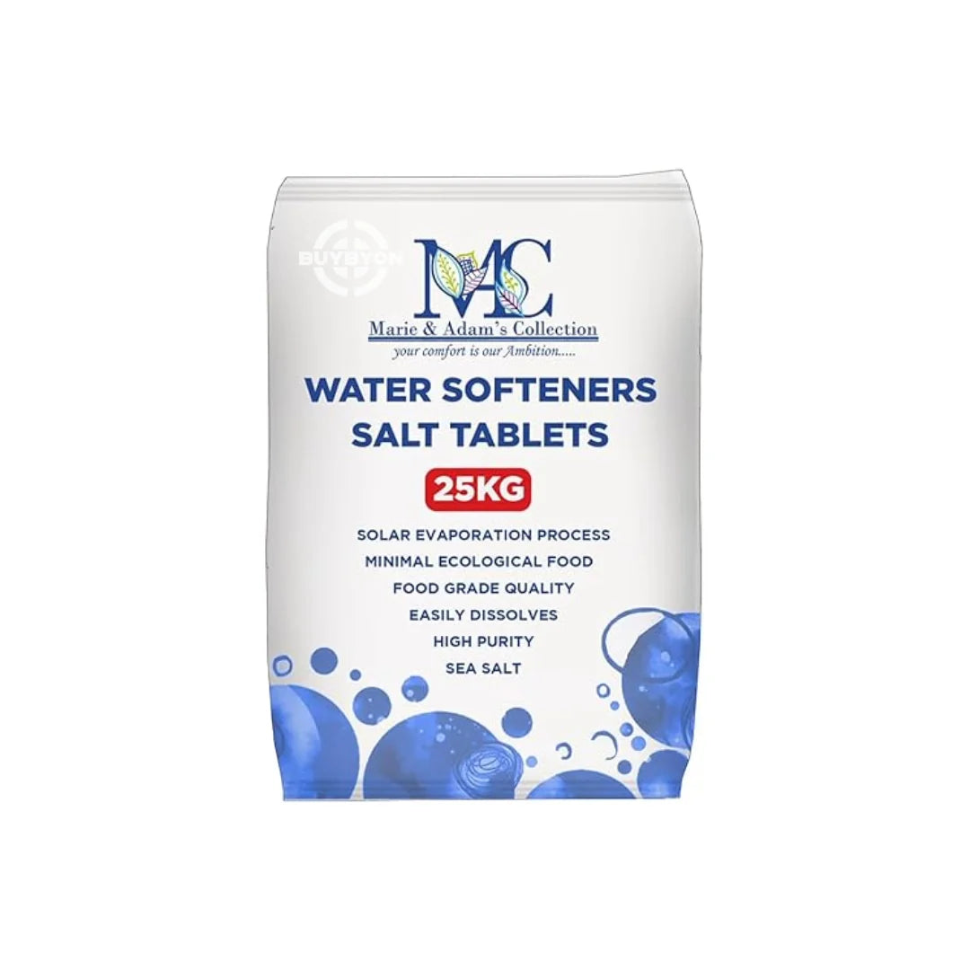 Water Softener Salt Tablets - 25kg pack, featuring high-purity tablets designed for effective water softening. Ideal for preventing limescale and protecting appliances, available across the UK at Buybyon.