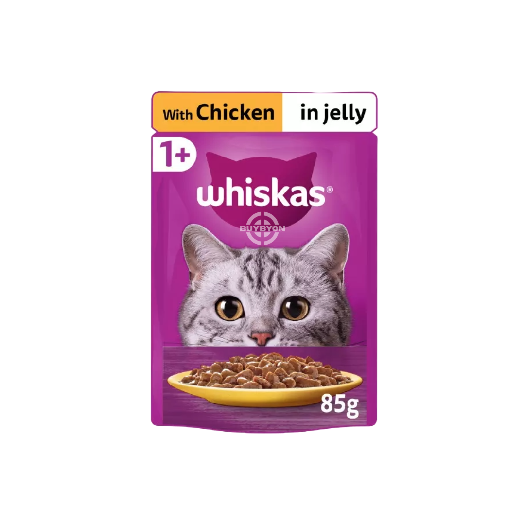 Whiskas 1+ Adult Wet Cat Food Pouches in Jelly with Chicken - 85g pack, featuring tender chicken pieces in a tasty jelly. Ideal for adult cats, available across the UK at Buybyon