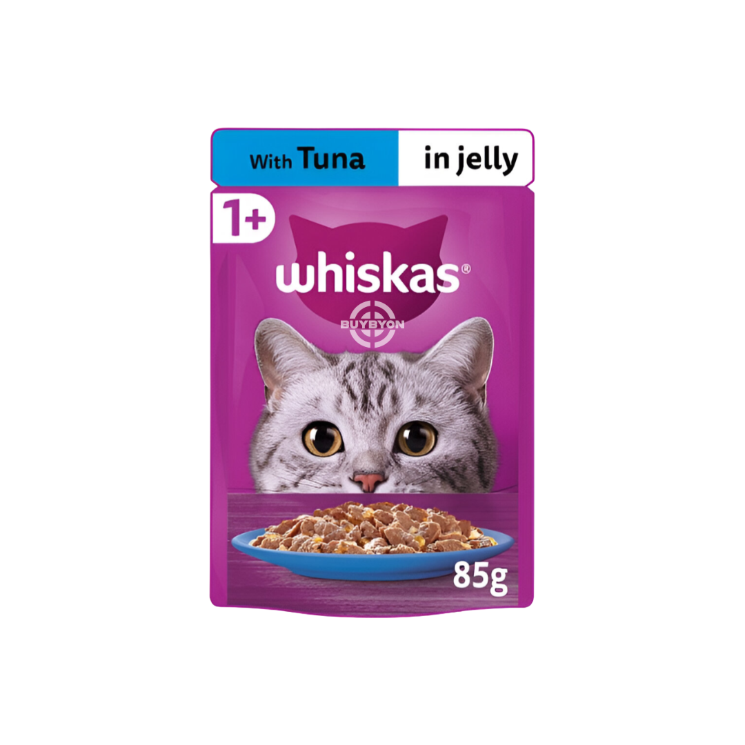 Whiskas 1+ Adult Wet Cat Food Pouches in Jelly with Tuna - 85g pack, featuring tender tuna pieces in a savoury jelly. Ideal for adult cats, available across the UK at Buybyon