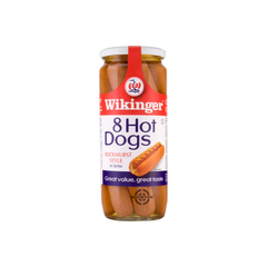 Wikinger 8 Hot Dogs Bockwurst Style in Brine - 1030g pack, featuring traditional Bockwurst-style hot dogs. Ideal for quick meals and available across the UK at Buybyon