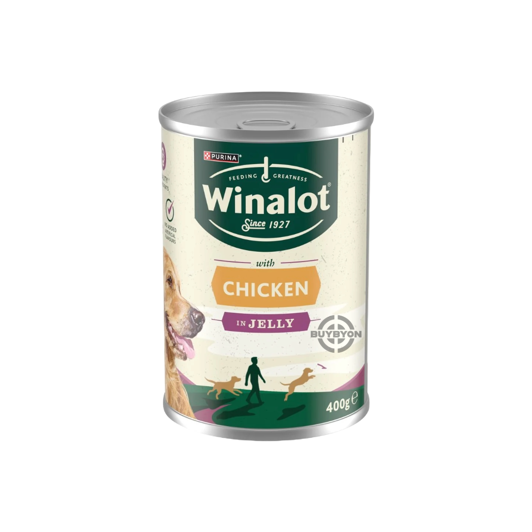 Winalot Classics Mixed in Jelly Chicken Wet Dog Food - 400g pack, featuring tender chicken chunks in a rich jelly. Ideal for adult dogs, available across the UK at Buybyon