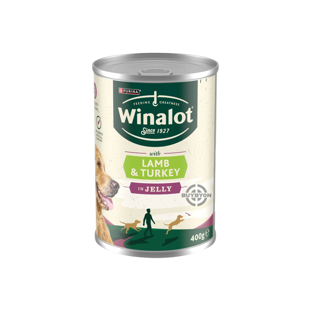 Winalot Classics Mixed in Jelly Turkey &amp; Lamb Wet Dog Food - 400g pack, featuring tender turkey and lamb chunks in a rich jelly. Perfect for adult dogs, available across the UK at Buybyon