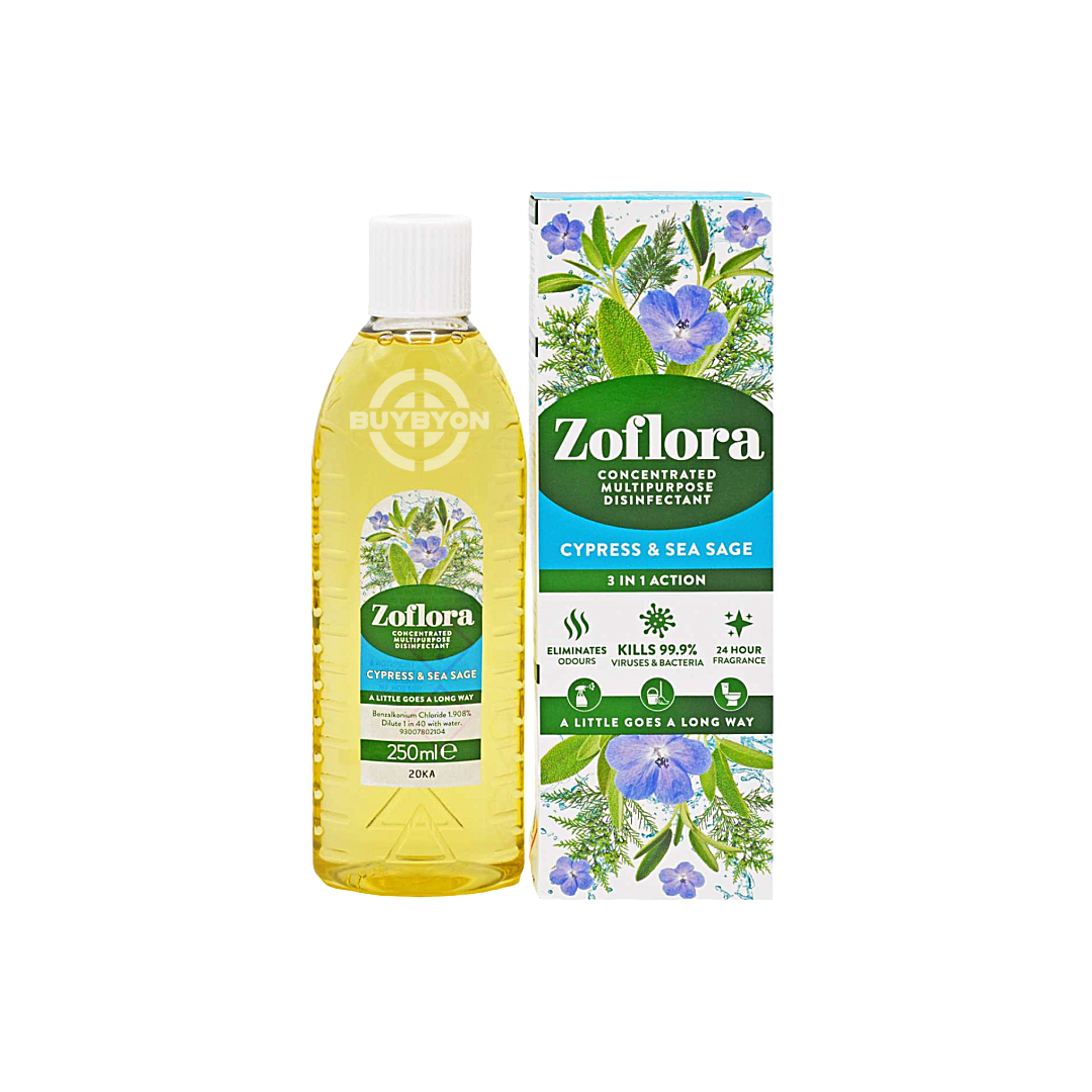 Zoflora Cypress & Sea Sage Disinfectant Concentrate - 250ml bottle, designed to kill 99.9% of bacteria and viruses with a refreshing ocean-inspired scent. Ideal for versatile cleaning and long-lasting freshness.