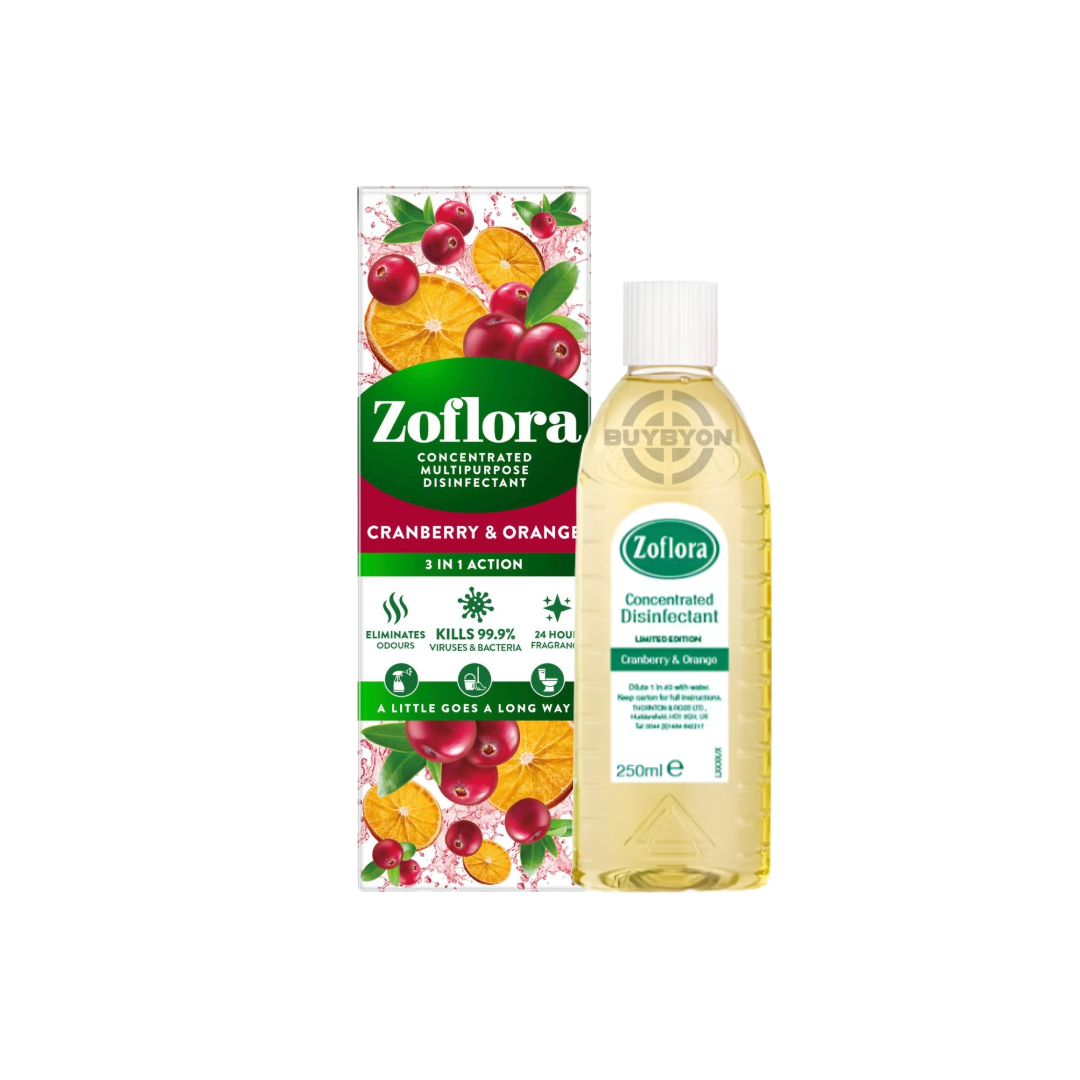 Zoflora Disinfectant Cranberry & Orange - 250ml bottle, featuring a powerful formula that disinfects and leaves a refreshing fruity aroma. Ideal for various surfaces to maintain a clean and pleasant-smelling home.