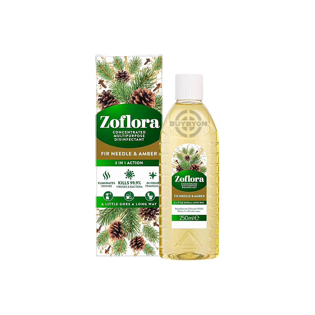 Zoflora Disinfectant Fir Needle & Amber - 250ml bottle, designed to kill 99.9% of bacteria and viruses while leaving a refreshing fir needle and amber fragrance. Ideal for versatile cleaning on various surfaces.