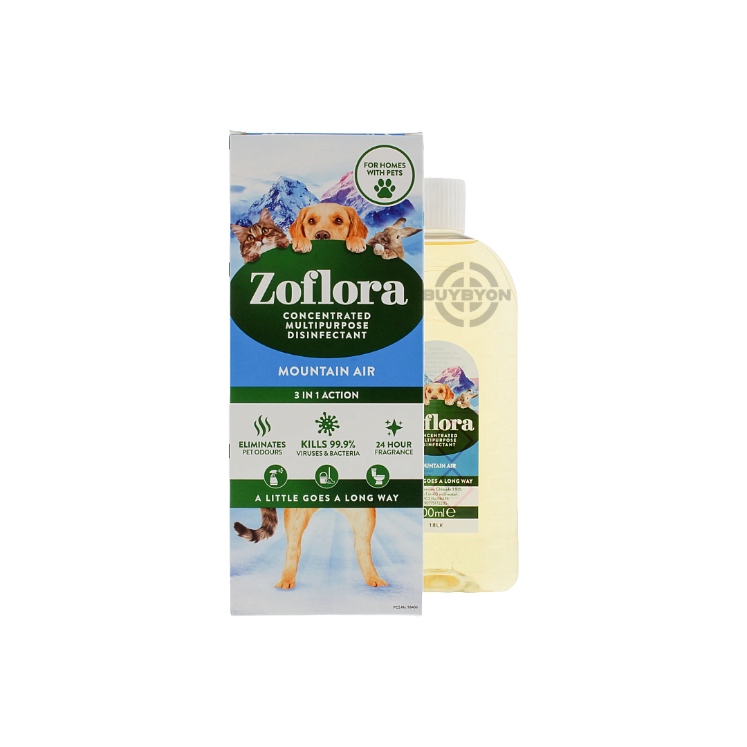 Zoflora Mountain Air Concentrate - 500ml bottle, designed to freshen and disinfect spaces with the invigorating scent of mountain air. Ideal for creating a clean, pleasant atmosphere in various environments.