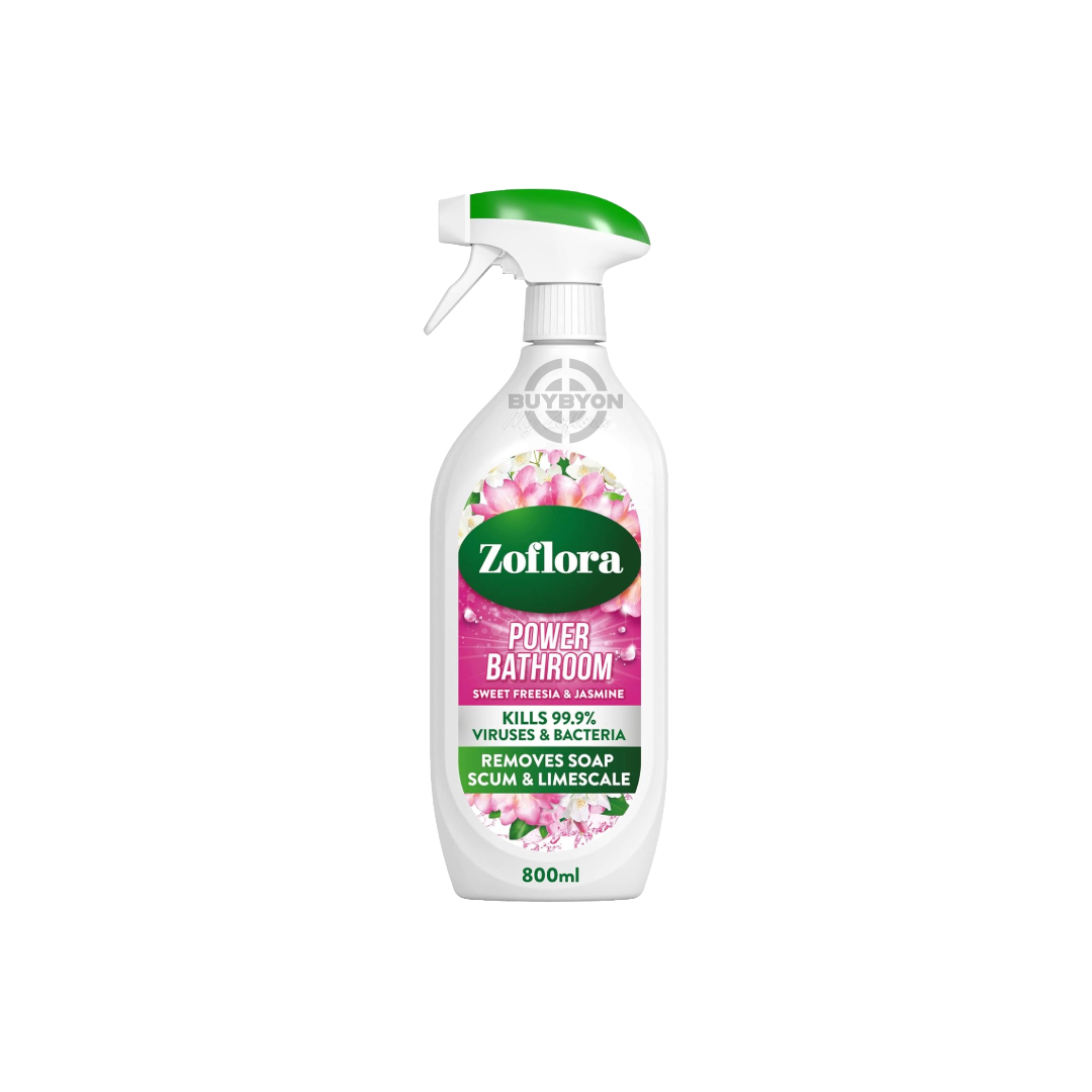 Zoflora Power Bathroom Sweet Freesia and Jasmine - 800ml bottle, designed for powerful cleaning and long-lasting fragrance. Perfect for maintaining a fresh and inviting bathroom environment.