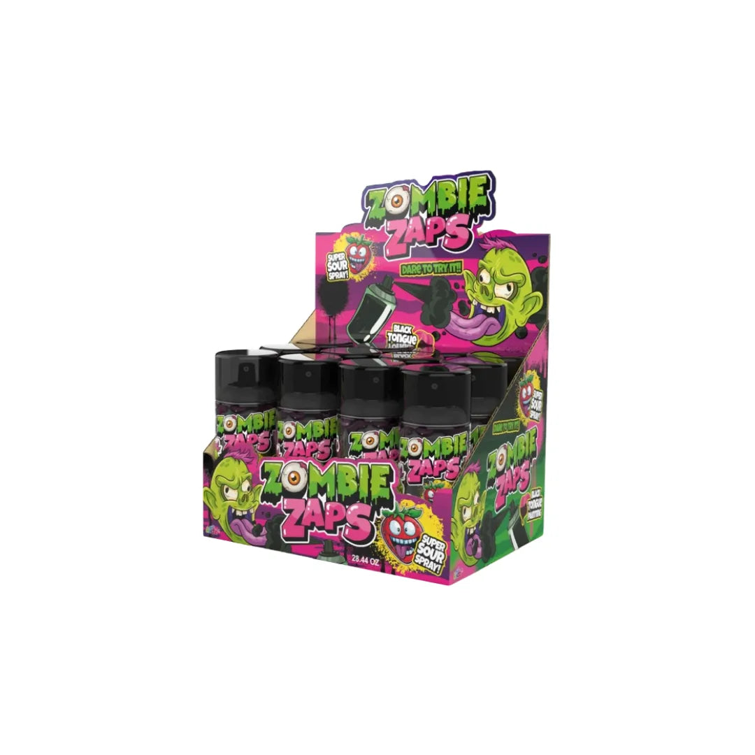 A retail display box of Zombie Zaps Gummy Strips, featuring several black plastic squeeze tubes with colorful zombie-themed packaging in pink, green, and black.