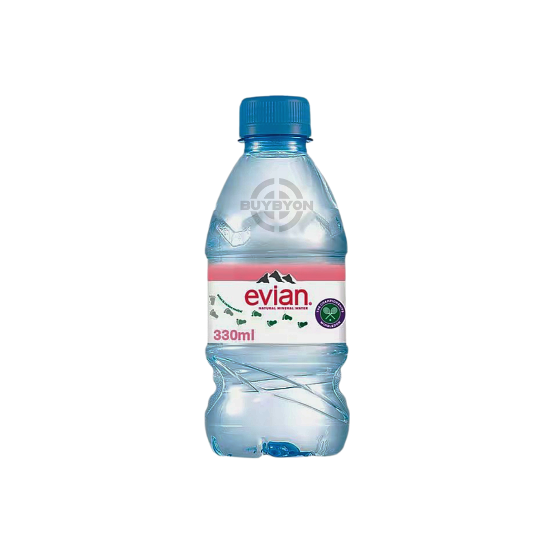 Evian Still Natural Mineral Water 330ml bottle featuring the iconic Evian logo, clear packaging, and pristine water inside.