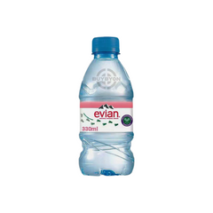 Evian Still Natural Mineral Water 330ml bottle featuring the iconic Evian logo, clear packaging, and pristine water inside.