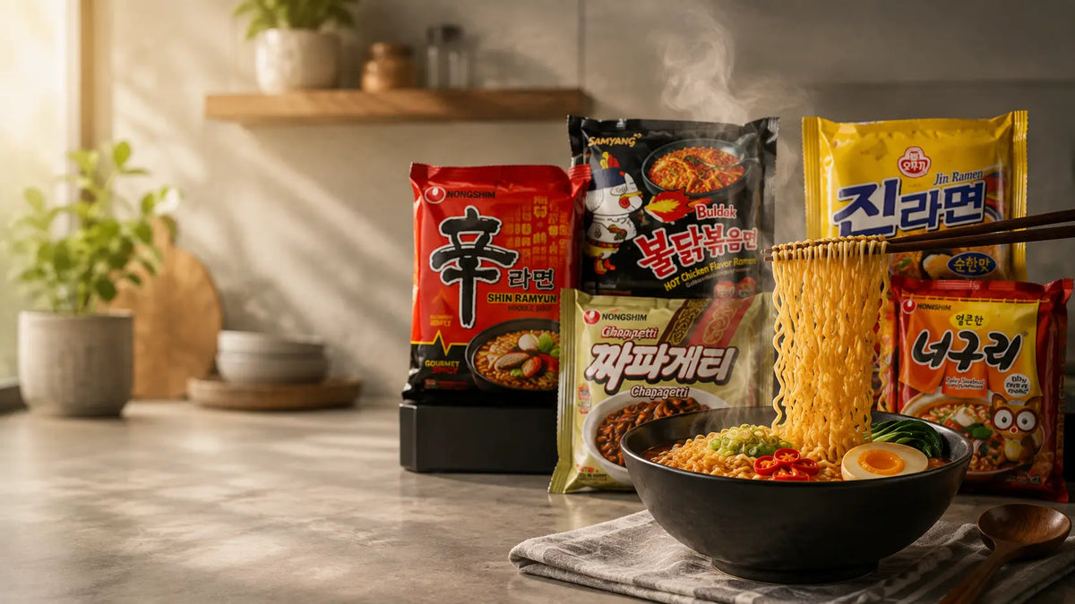 Four Korean instant ramen noodle packages arranged on a kitchen counter beside a bowl of prepared ramen with noodles being lifted by chopsticks. The scene is set in a warm, softly lit kitchen with plants and shelves in the background.