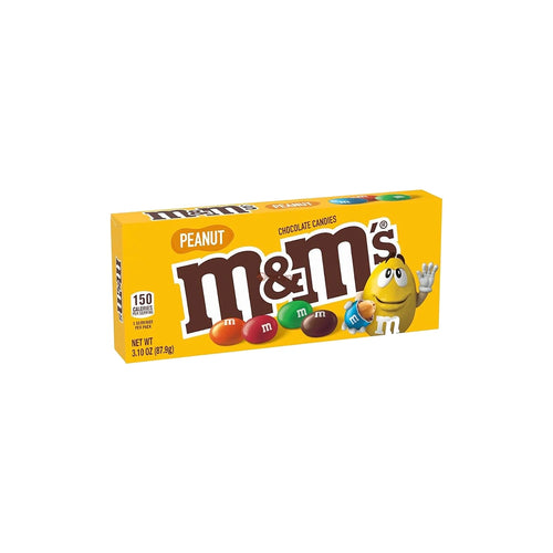A box of M&M's Peanut chocolate candies on a plain white background. The packaging is bright yellow with the classic brown 'm&m's' logo and illustrations of colorful M&M's candies and a yellow M&M's character.